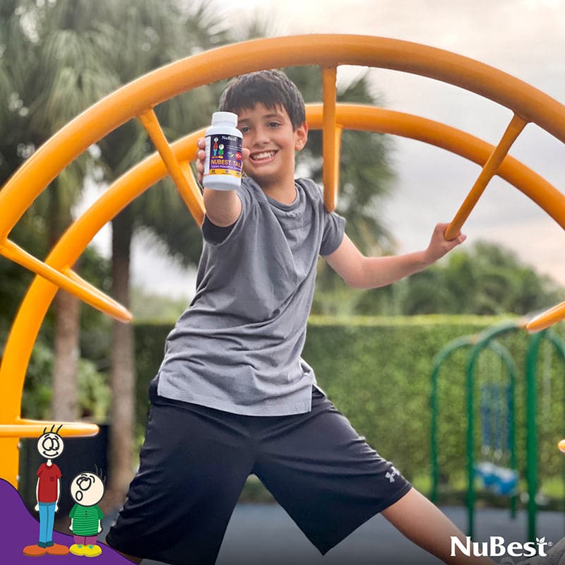 NuBest Tall 10+ supplement bottle for kids and teens, featuring a blend of Calcium, Collagen, and vitamins for healthy growth.