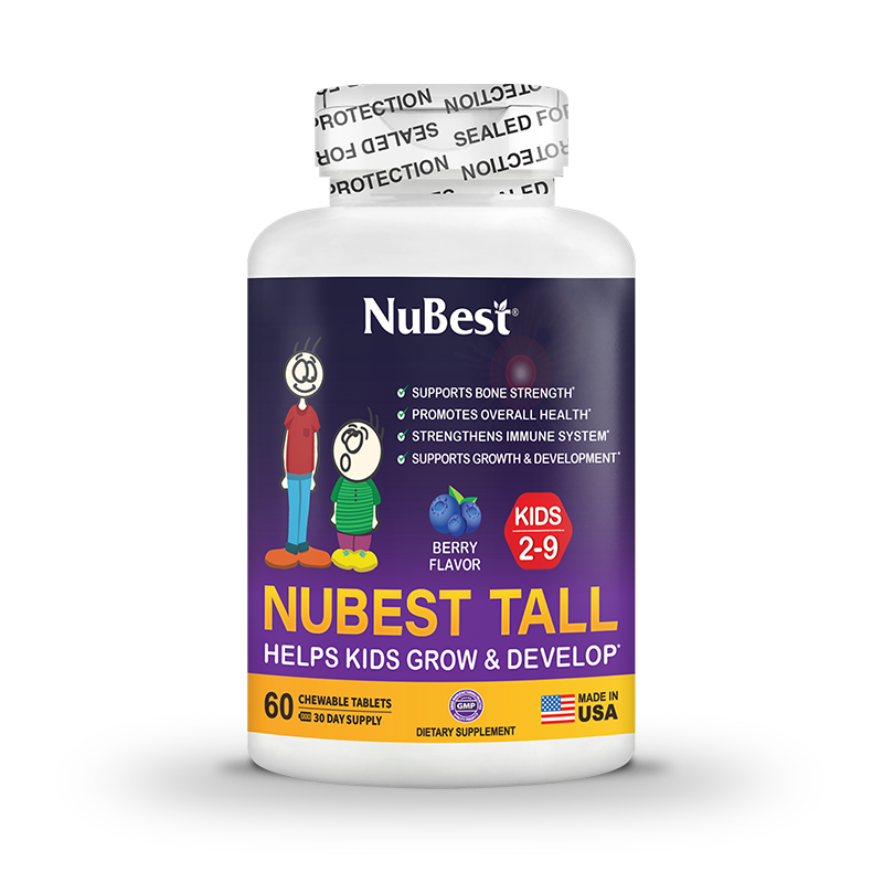 NuBest Tall Kids multivitamins in berry flavor, 60 chewable tablets for children aged 2-9, promoting healthy growth and development.