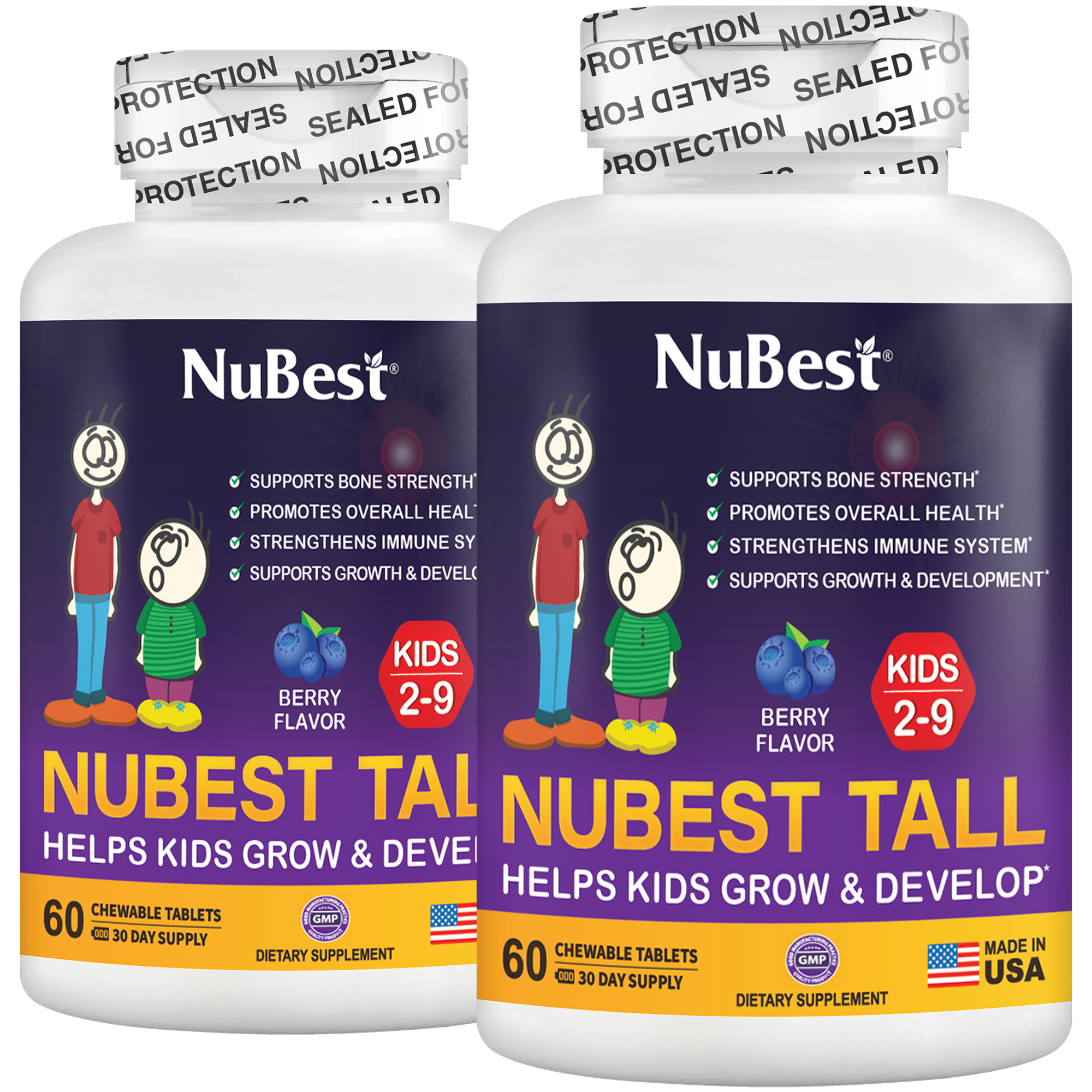 NuBest Tall Kids multivitamins in berry flavor, 60 chewable tablets for children aged 2-9, promoting healthy growth and development.