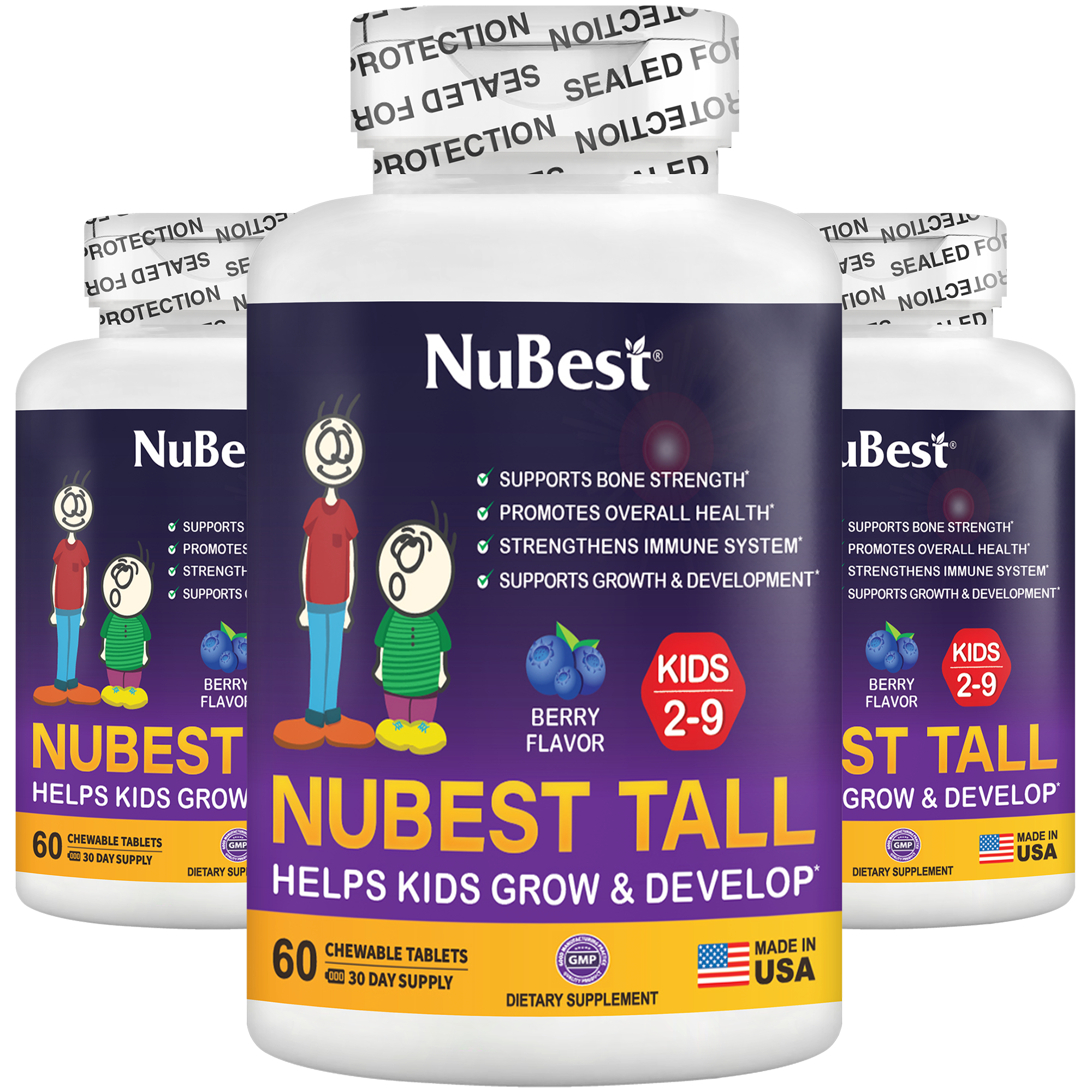 NuBest Tall Kids multivitamins in berry flavor, 60 chewable tablets for children aged 2-9, promoting healthy growth and development.