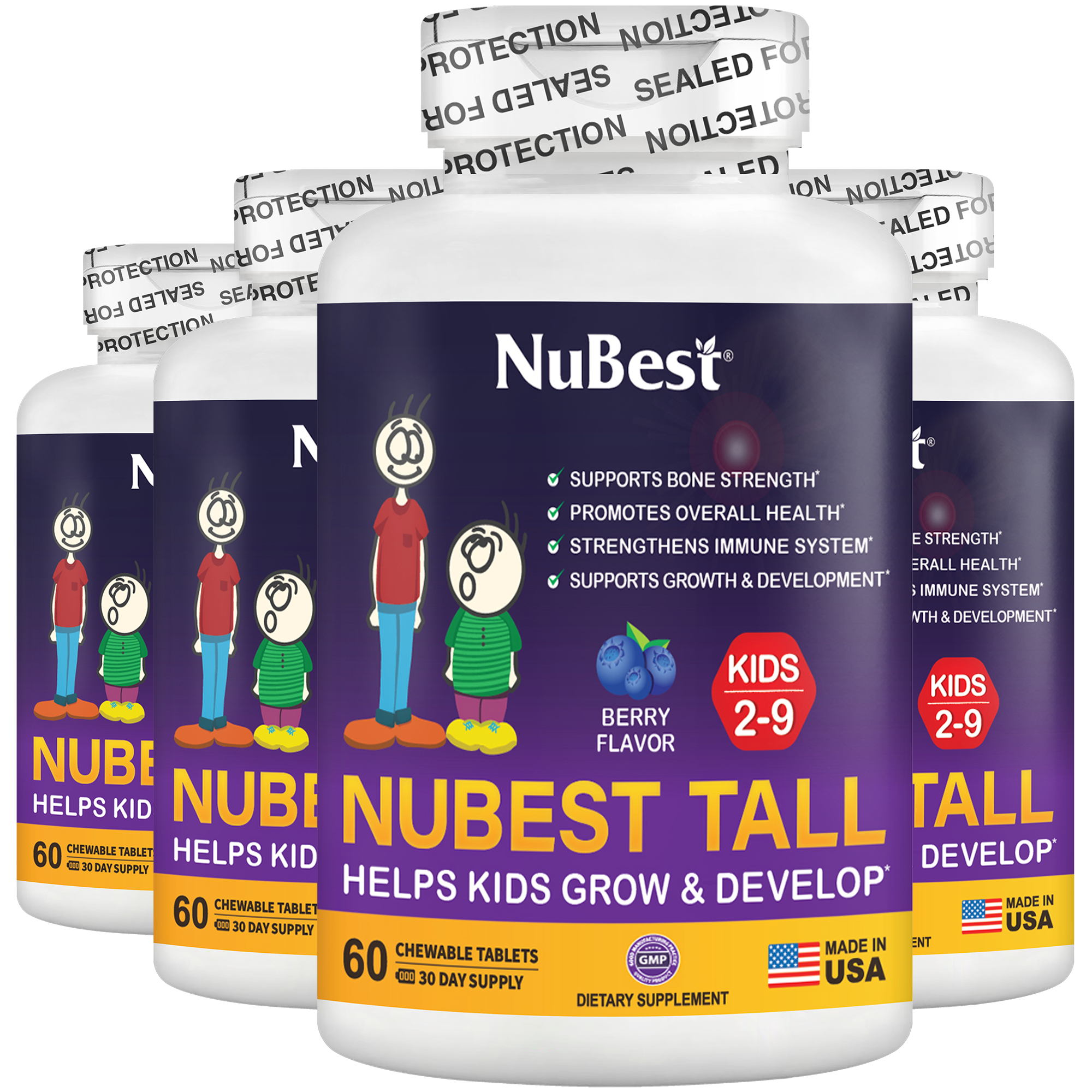 NuBest Tall Kids multivitamins in berry flavor, 60 chewable tablets for children aged 2-9, promoting healthy growth and development.