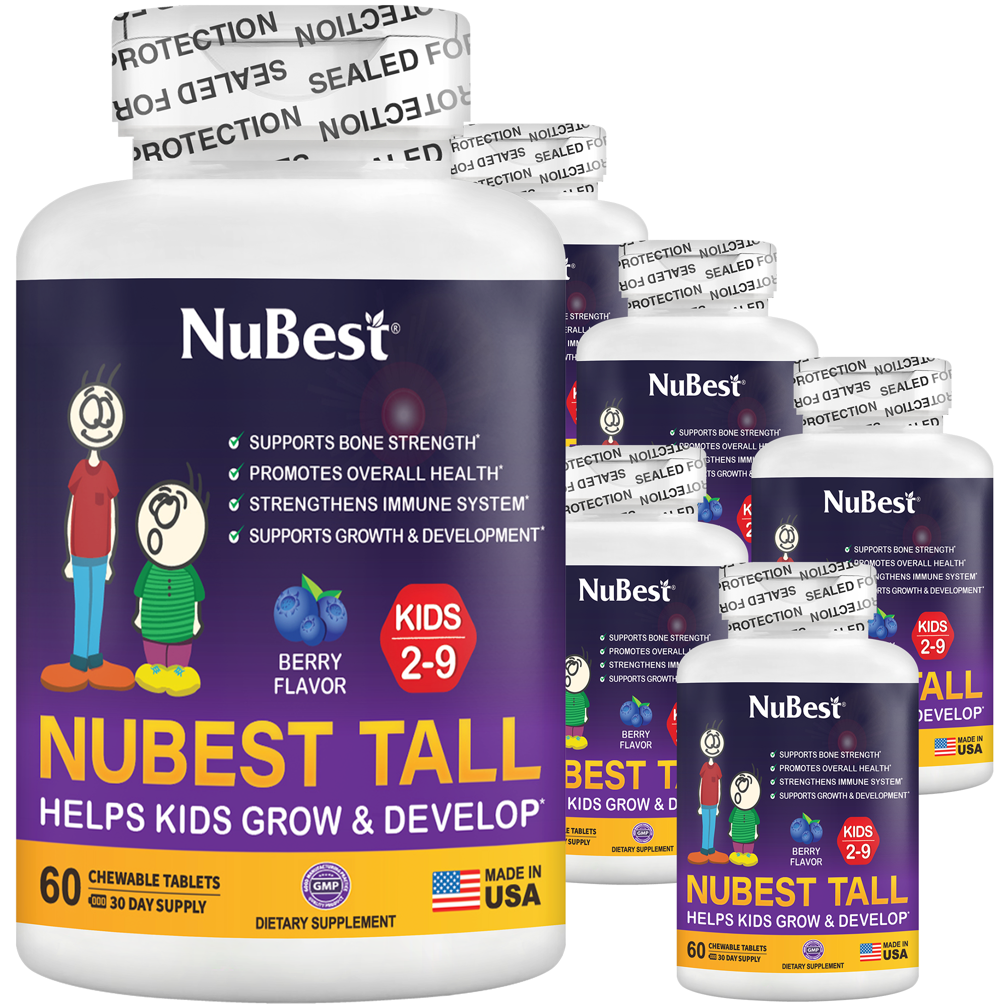 NuBest Tall Kids multivitamins in berry flavor, 60 chewable tablets for children aged 2-9, promoting healthy growth and development.