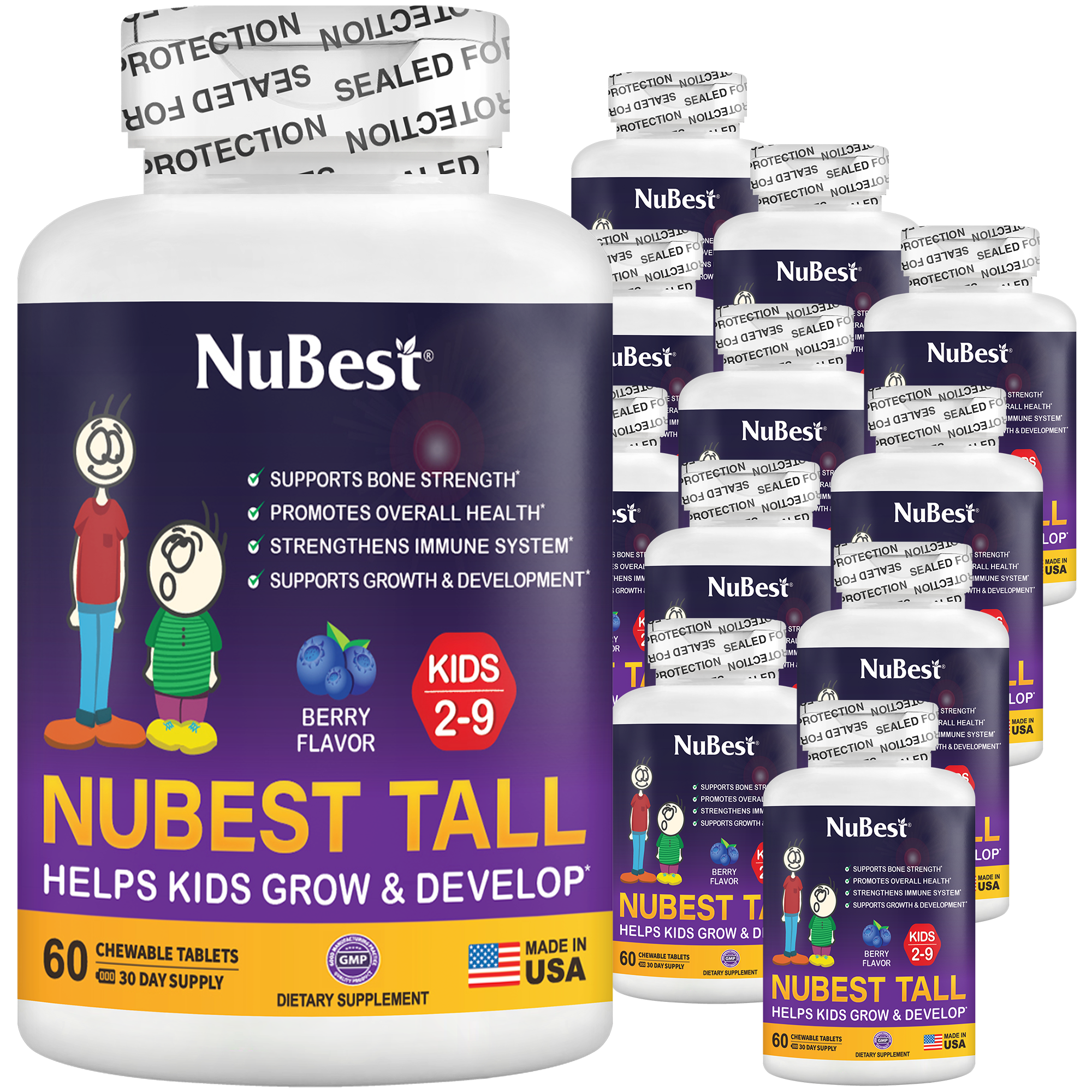 NuBest Tall Kids multivitamins in berry flavor, 60 chewable tablets for children aged 2-9, promoting healthy growth and development.