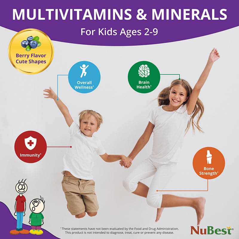 NuBest Tall Kids multivitamins in berry flavor, 60 chewable tablets for children aged 2-9, promoting healthy growth and development.