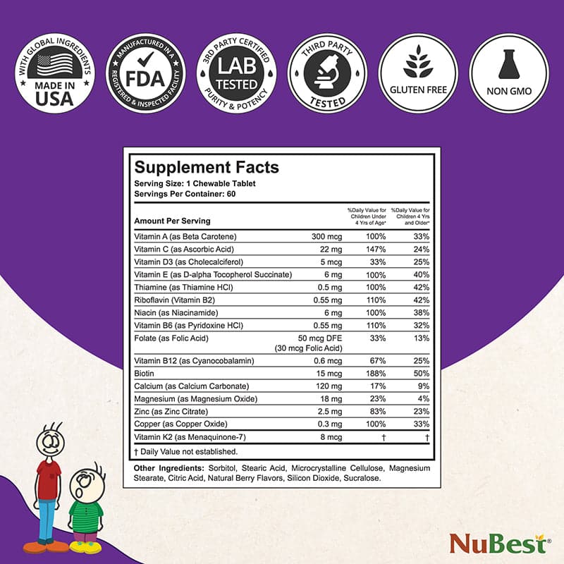 NuBest Tall Kids multivitamins in berry flavor, 60 chewable tablets for children aged 2-9, promoting healthy growth and development.