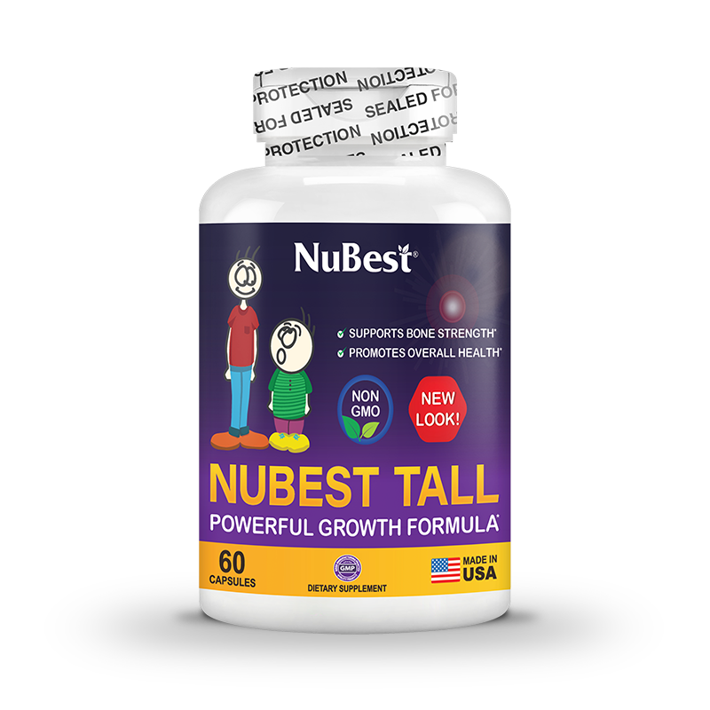 NuBest Tall supplement bottle for kids and teens, featuring a vibrant label and capsules, designed to support bone growth and overall health.