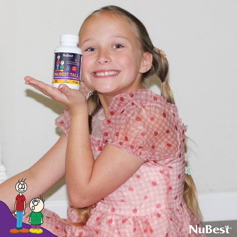 NuBest Tall supplement bottle for kids and teens, featuring a vibrant label and capsules, designed to support bone growth and overall health.