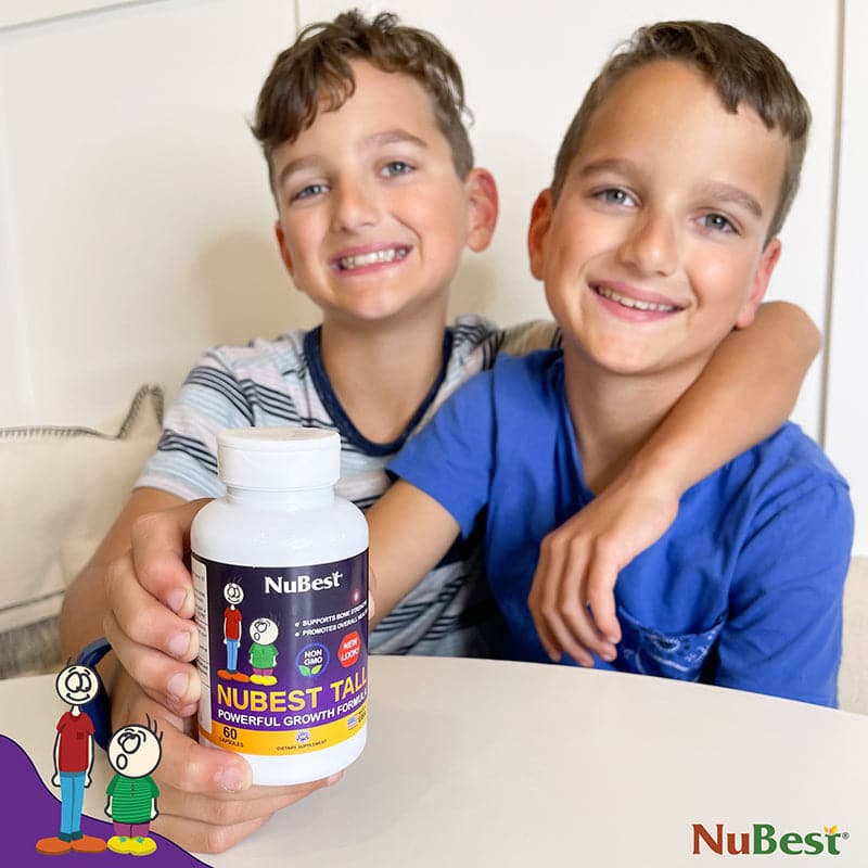 NuBest Tall supplement bottle for kids and teens, featuring a vibrant label and capsules, designed to support bone growth and overall health.