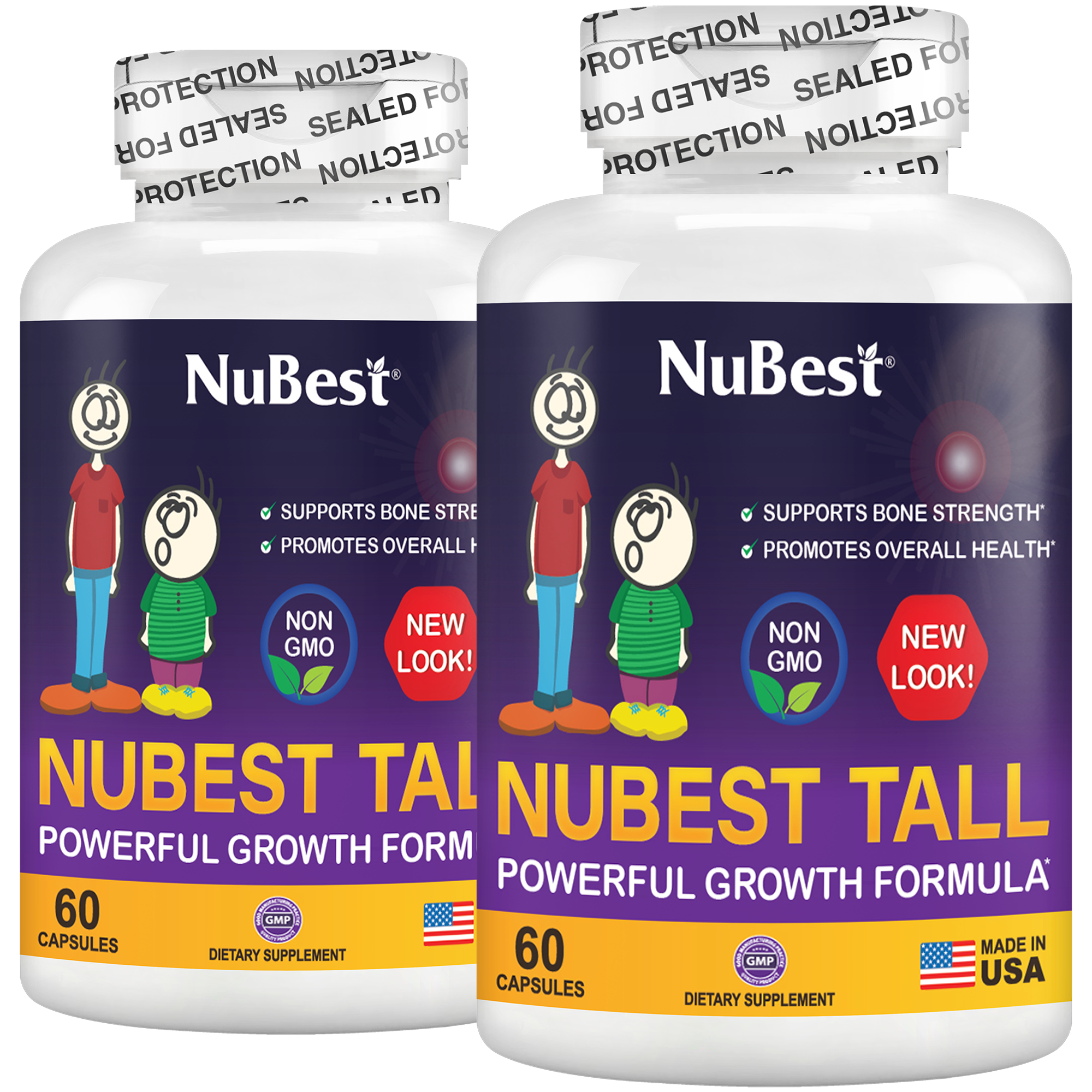 NuBest Tall supplement bottle for kids and teens, featuring a vibrant label and capsules, designed to support bone growth and overall health.