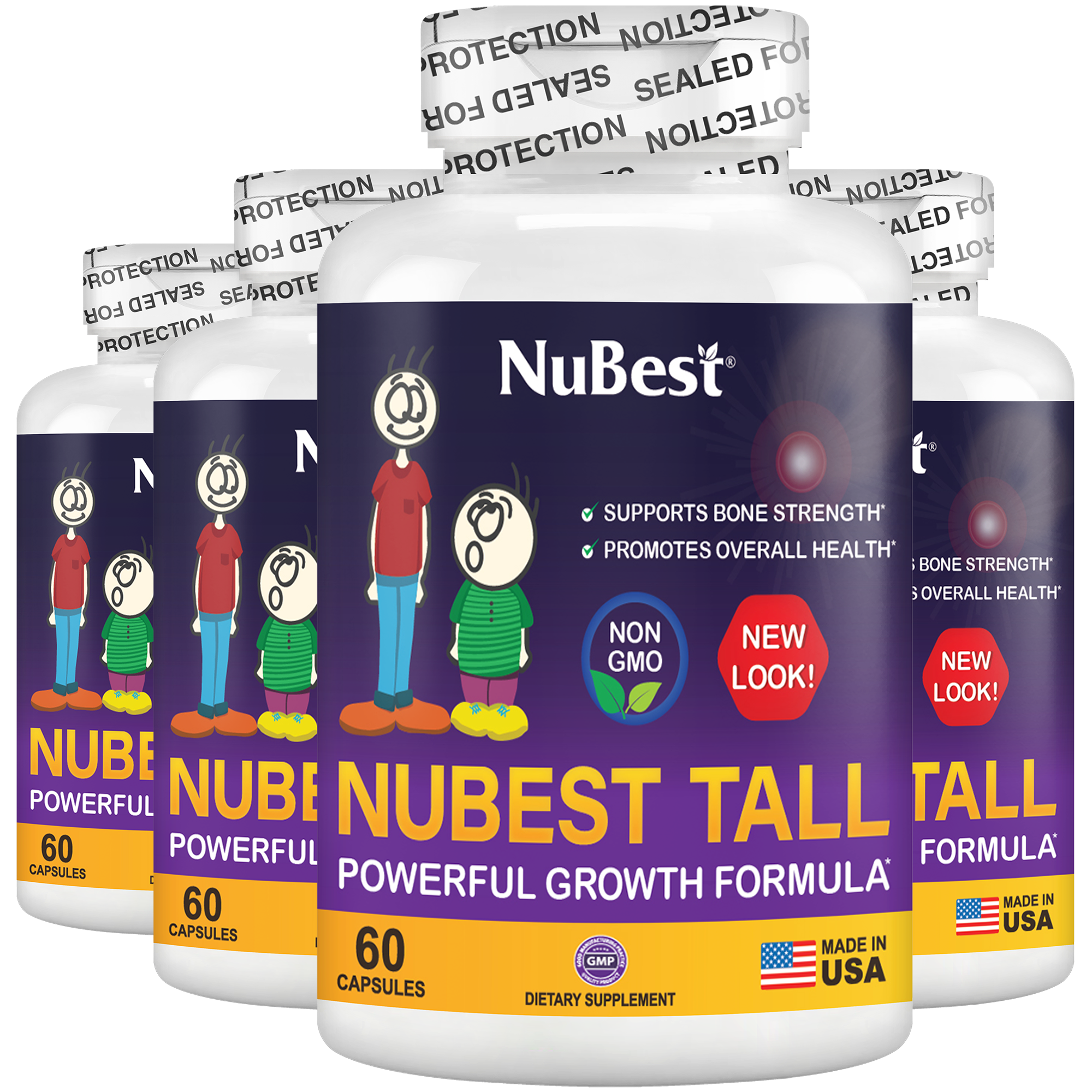 NuBest Tall supplement bottle for kids and teens, featuring a vibrant label and capsules, designed to support bone growth and overall health.