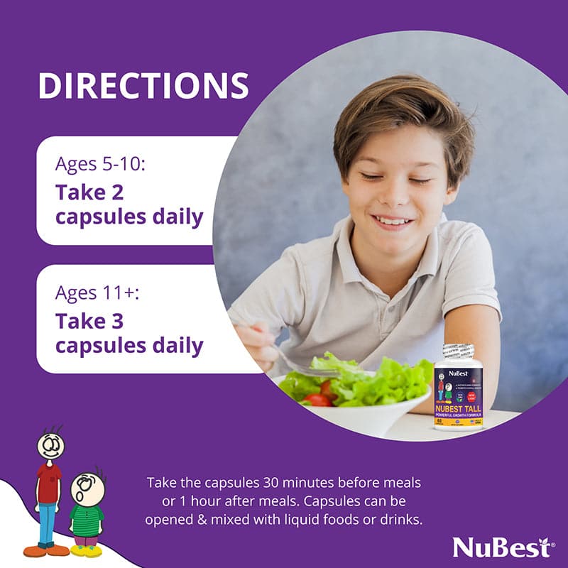 NuBest Tall supplement bottle for kids and teens, featuring a vibrant label and capsules, designed to support bone growth and overall health.