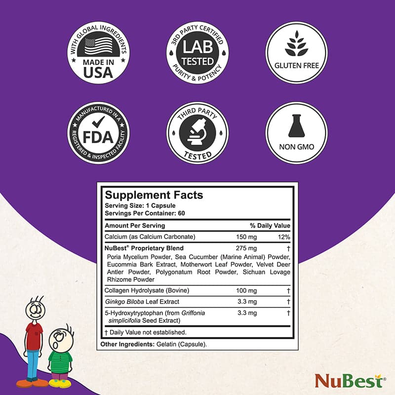 NuBest Tall supplement bottle for kids and teens, featuring a vibrant label and capsules, designed to support bone growth and overall health.