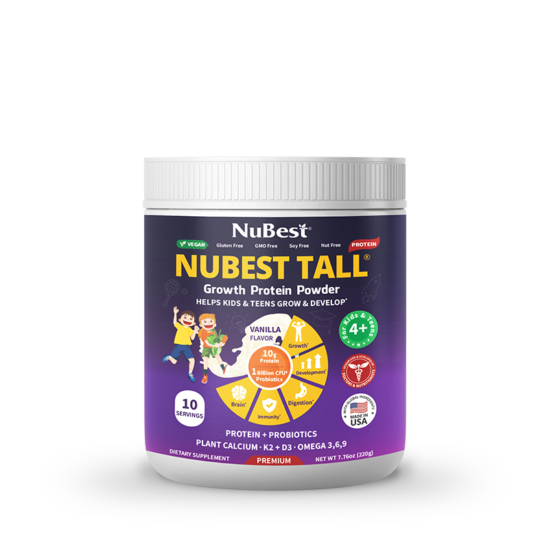 NuBest Tall Protein Vanilla Shake for kids, featuring a vibrant packaging design with nutritional information and a scoop for easy serving.