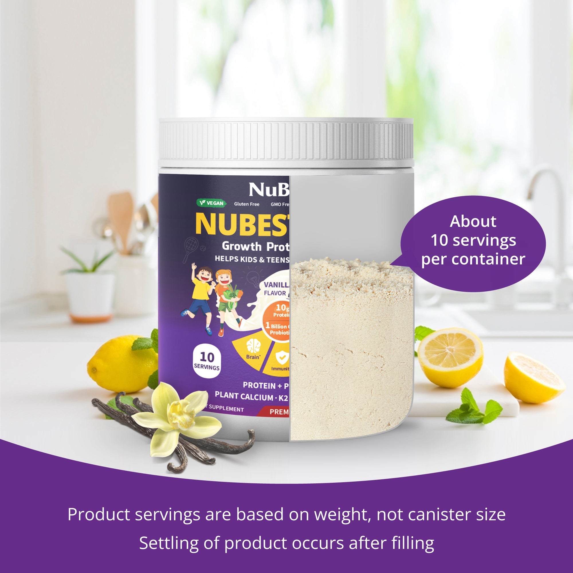 NuBest Tall Protein Vanilla Shake for kids, featuring a vibrant packaging design with nutritional information and a scoop for easy serving.