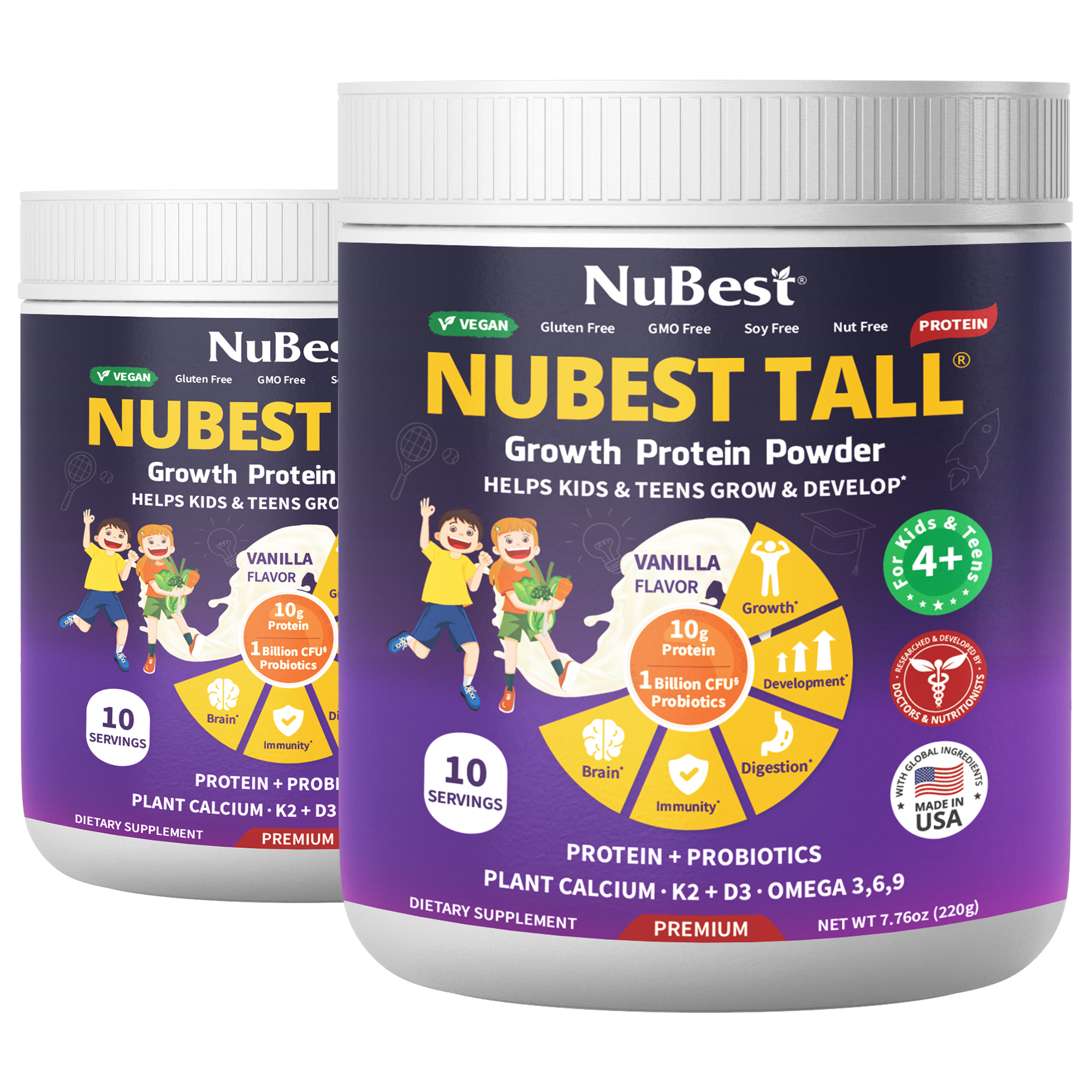 NuBest Tall Protein Vanilla Shake for kids, featuring a vibrant packaging design with nutritional information and a scoop for easy serving.