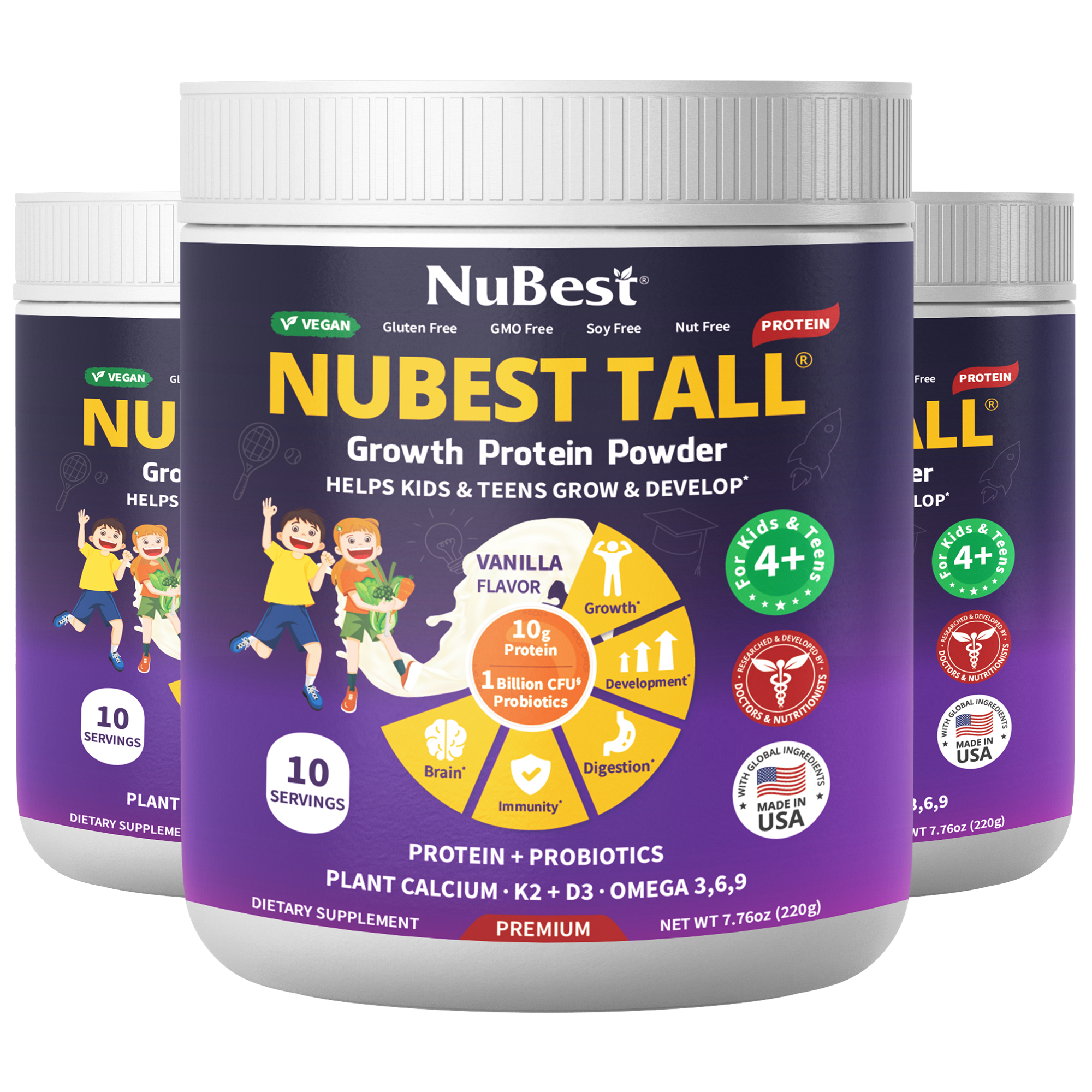 NuBest Tall Protein Vanilla Shake for kids, featuring a vibrant packaging design with nutritional information and a scoop for easy serving.