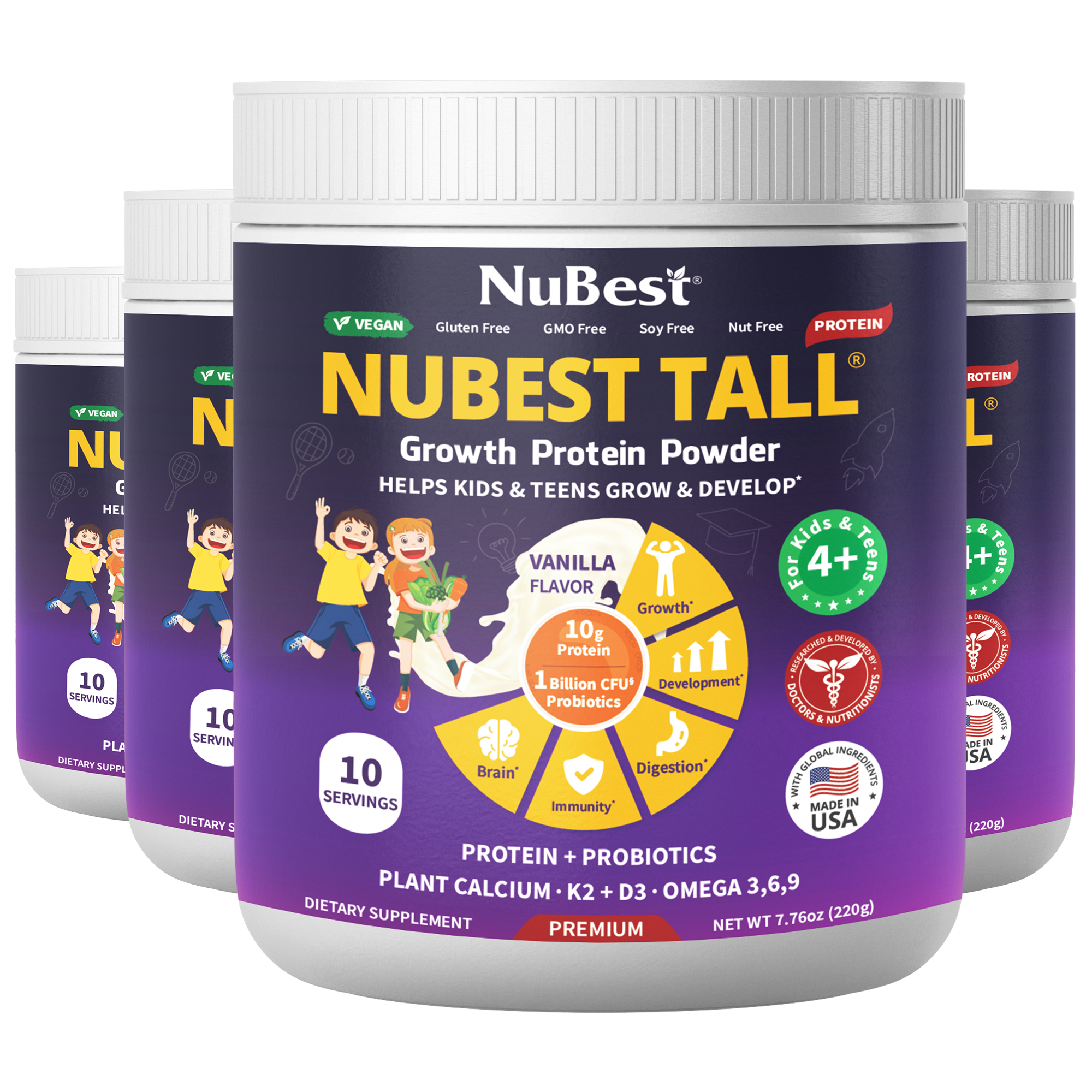 NuBest Tall Protein Vanilla Shake for kids, featuring a vibrant packaging design with nutritional information and a scoop for easy serving.