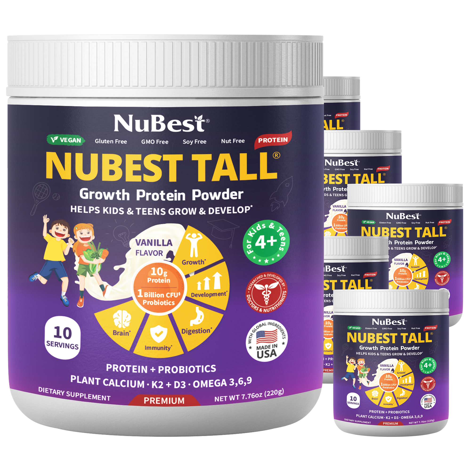 NuBest Tall Protein Vanilla Shake for kids, featuring a vibrant packaging design with nutritional information and a scoop for easy serving.