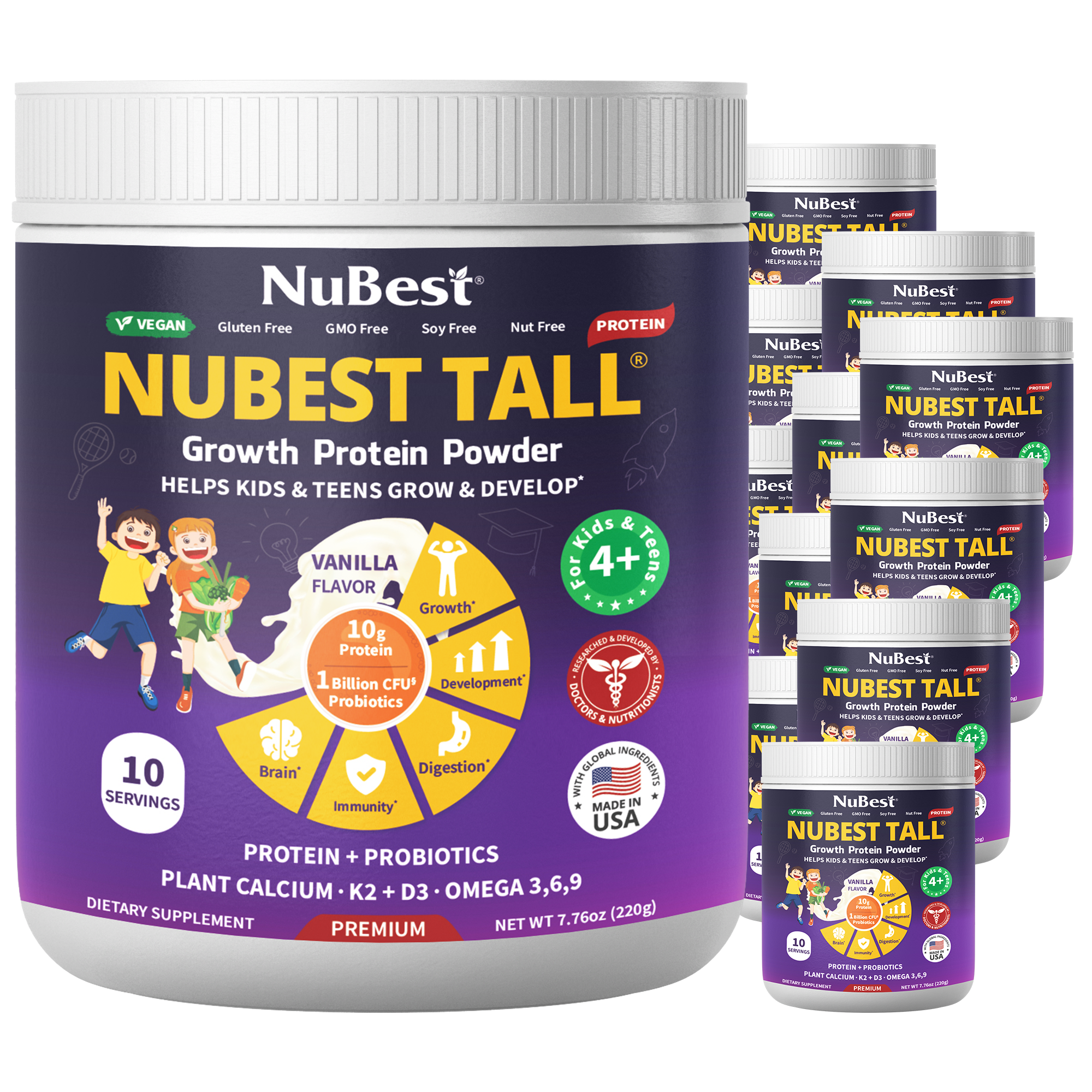 NuBest Tall Protein Vanilla Shake for kids, featuring a vibrant packaging design with nutritional information and a scoop for easy serving.