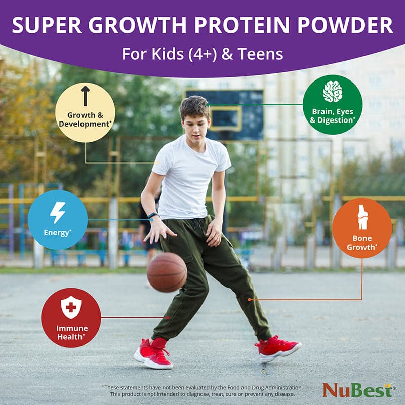 NuBest Tall Protein Vanilla Shake for kids, featuring a vibrant packaging design with nutritional information and a scoop for easy serving.