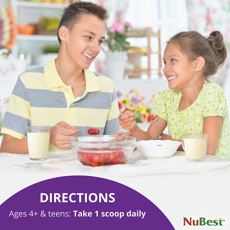 NuBest Tall Protein Vanilla Shake for kids, featuring a vibrant packaging design with nutritional information and a scoop for easy serving.