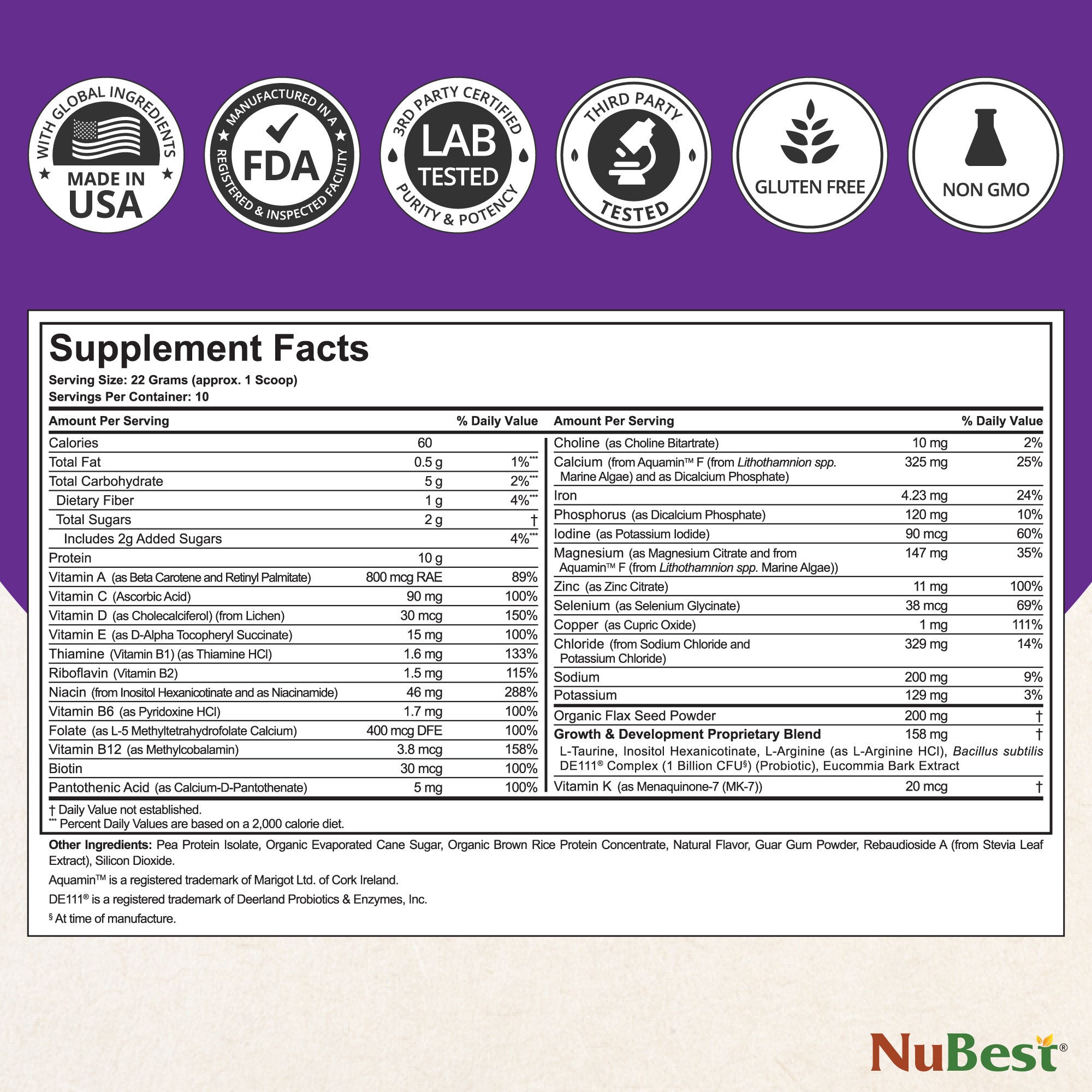 NuBest Tall Protein Vanilla Shake for kids, featuring a vibrant packaging design with nutritional information and a scoop for easy serving.