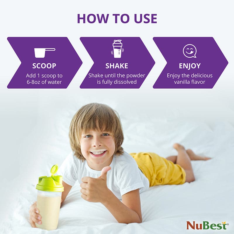 NuBest Tall Protein Vanilla Shake for kids, featuring a vibrant packaging design with nutritional information and a scoop for easy serving.