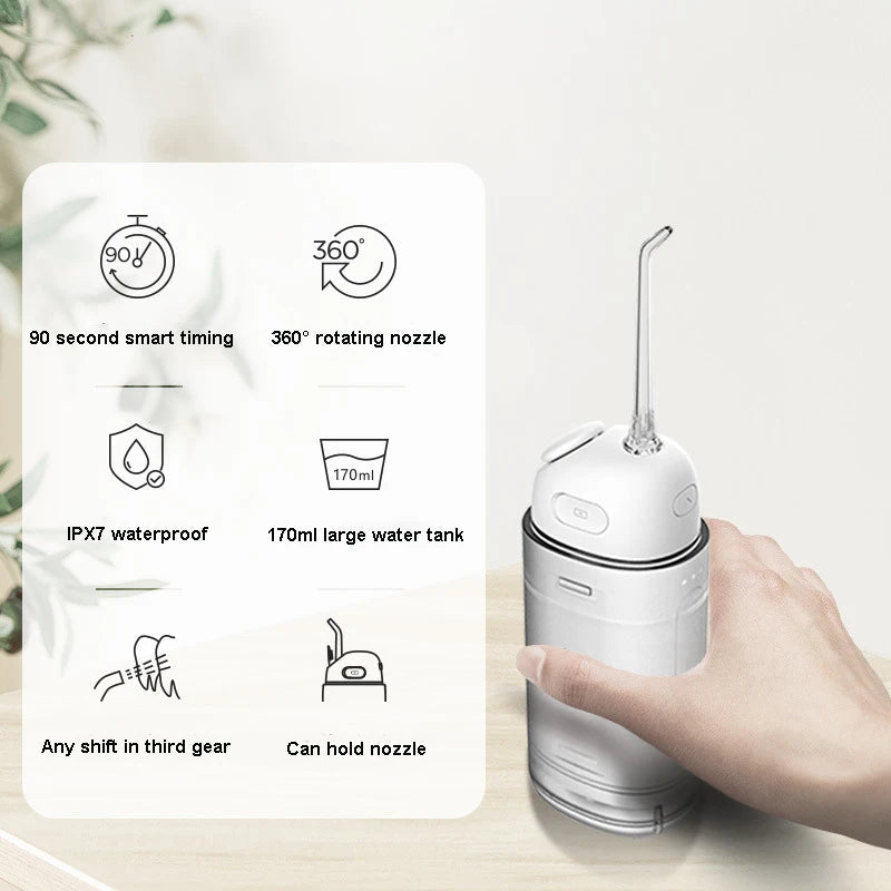 Portable mini Oral Irrigator Dental Thread Irrigation Water Flosser with a sleek design, IPX7 waterproof rating, and Type-C charging port.