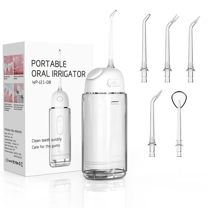 Portable mini Oral Irrigator Dental Thread Irrigation Water Flosser with a sleek design, IPX7 waterproof rating, and Type-C charging port.