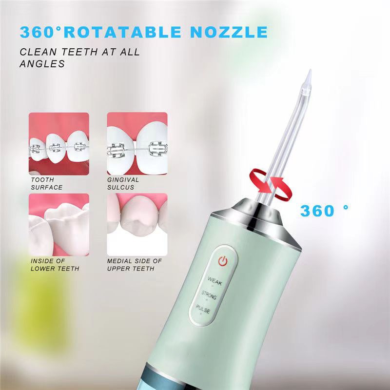 Portable Dental Water Jet Flosser with USB charging, featuring a sleek design and multiple jet tips for effective oral hygiene.