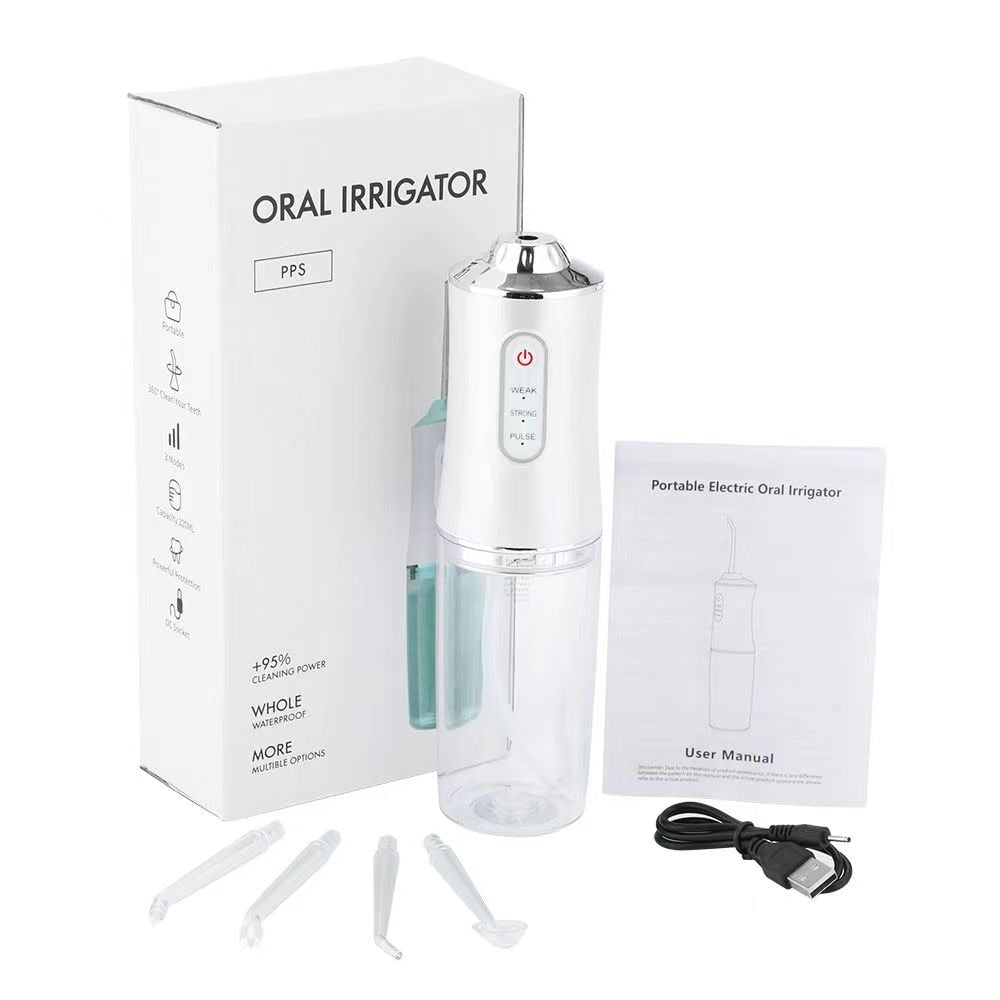 Portable Dental Water Jet Flosser with USB charging, featuring a sleek design and multiple jet tips for effective oral hygiene.