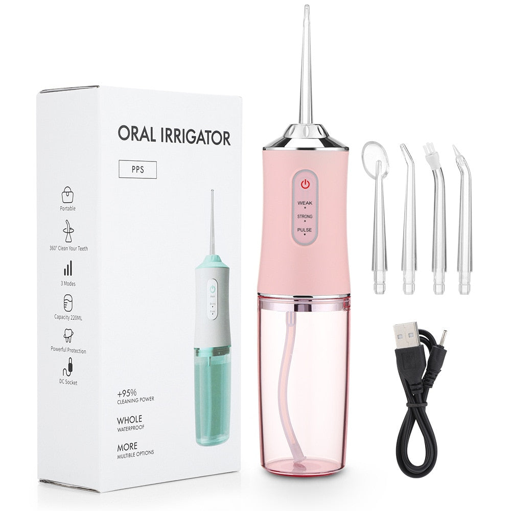 Portable Dental Water Jet Flosser with USB charging, featuring a sleek design and multiple jet tips for effective oral hygiene.