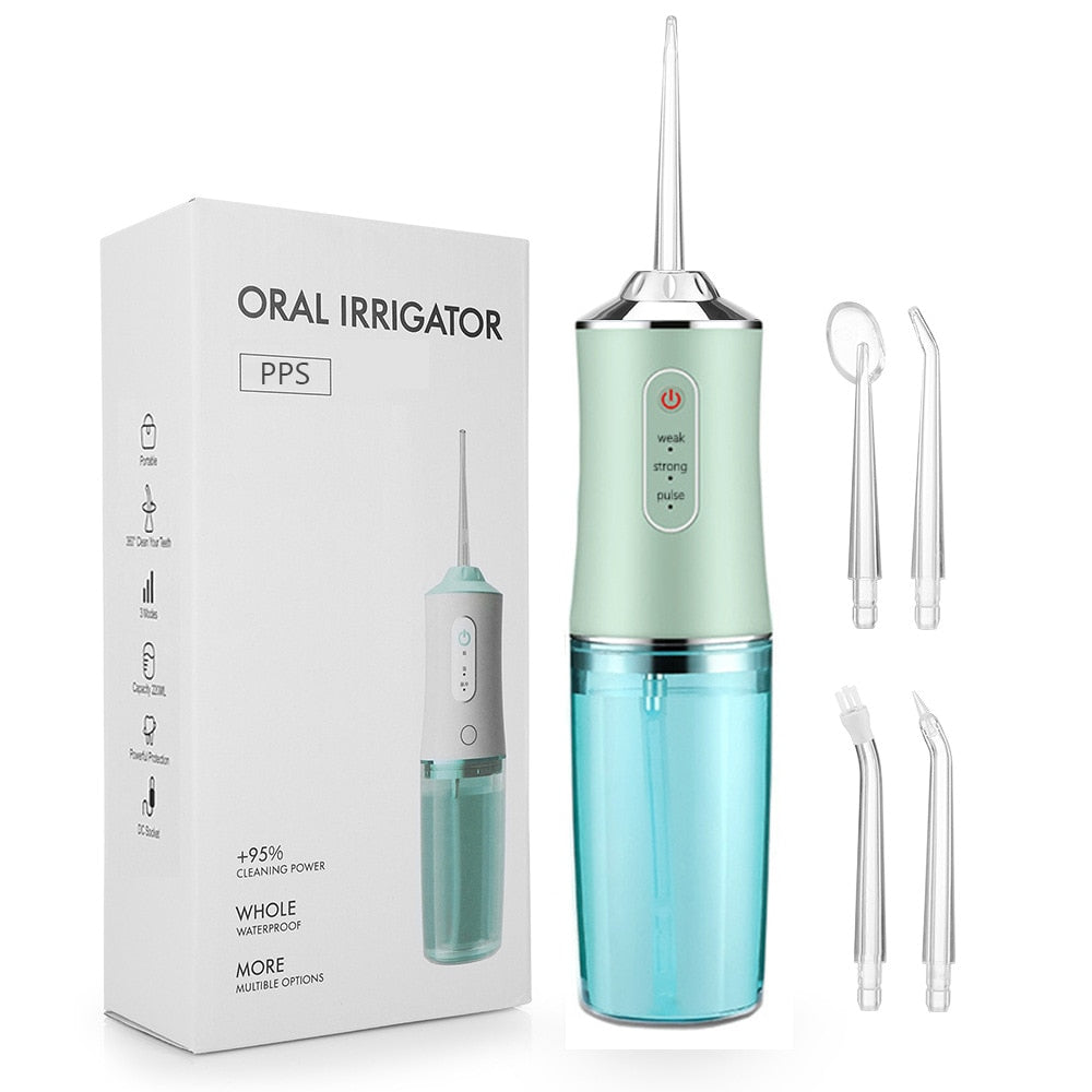 Portable Dental Water Jet Flosser with USB charging, featuring a sleek design and multiple jet tips for effective oral hygiene.