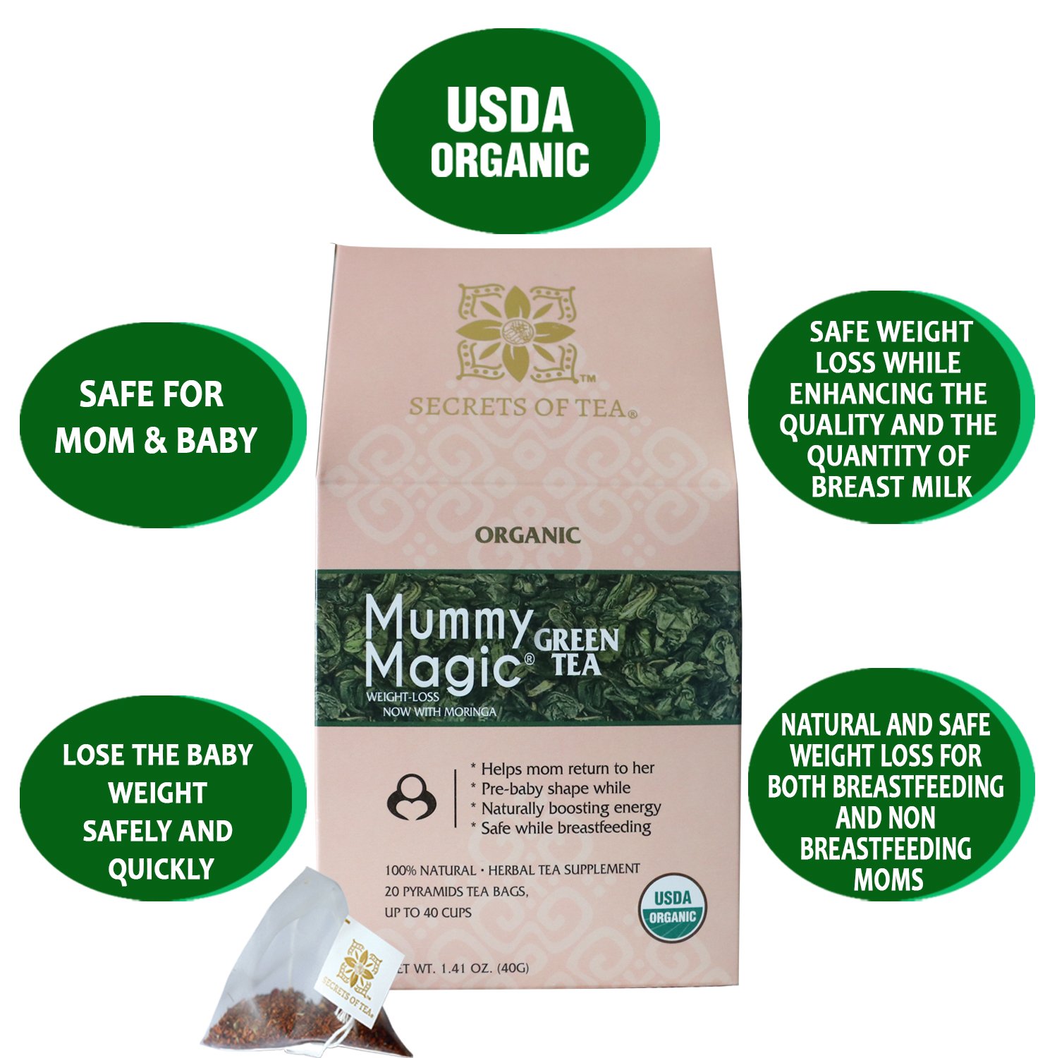 A box of Organic Slimming Herbal Tea featuring Moringa, with sachets inside, set against a natural backdrop.