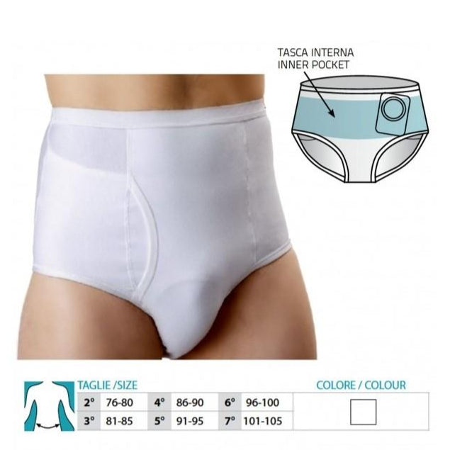 Orione Ostomy Brief for men, soft and stretchy fabric with inner pocket for ostomy pouch retention, ideal for sensitive skin.