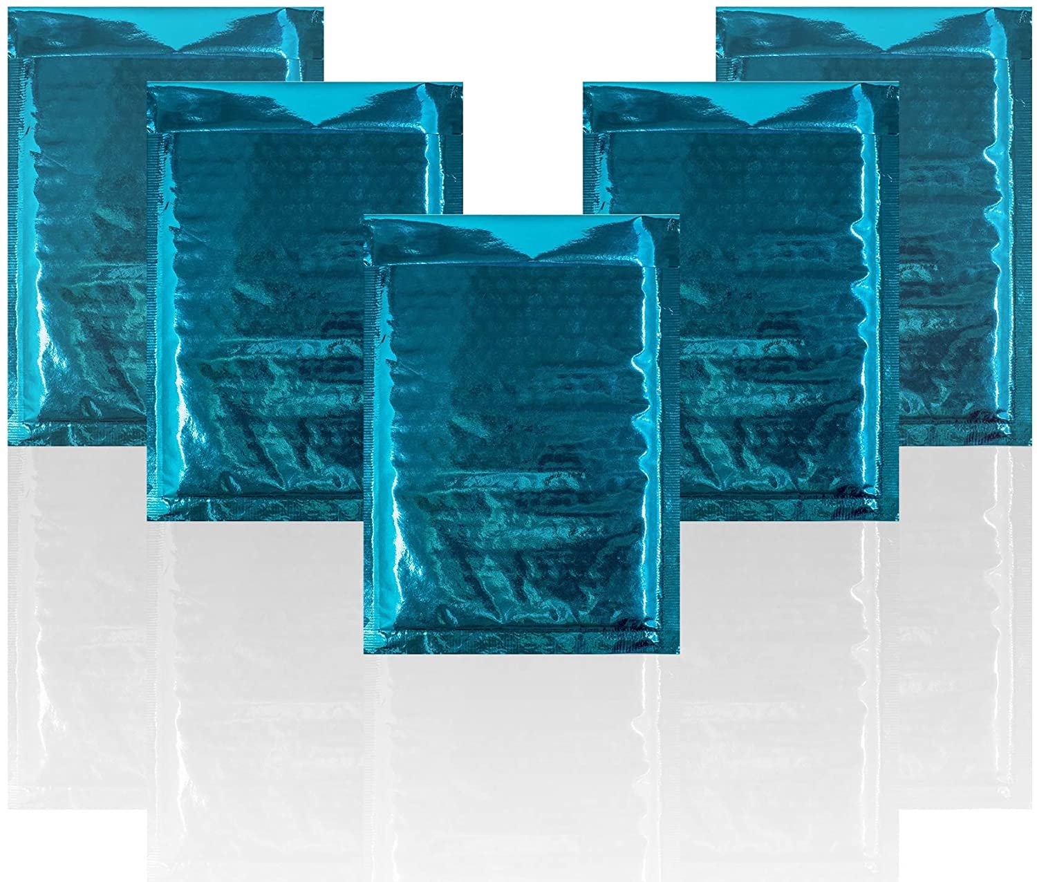 Blue metallic bubble mailers.