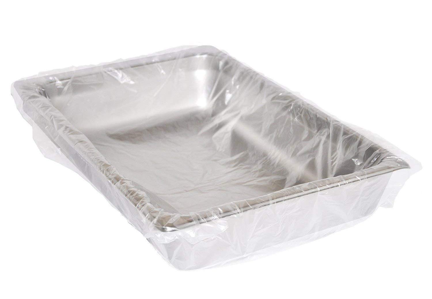 Rectangular baking tray with liner.