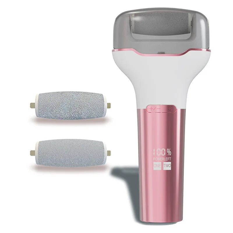 Pedicure USB Electric Handheld Foot Care Tool in pink and green colors, showcasing its sleek design and USB charging interface.