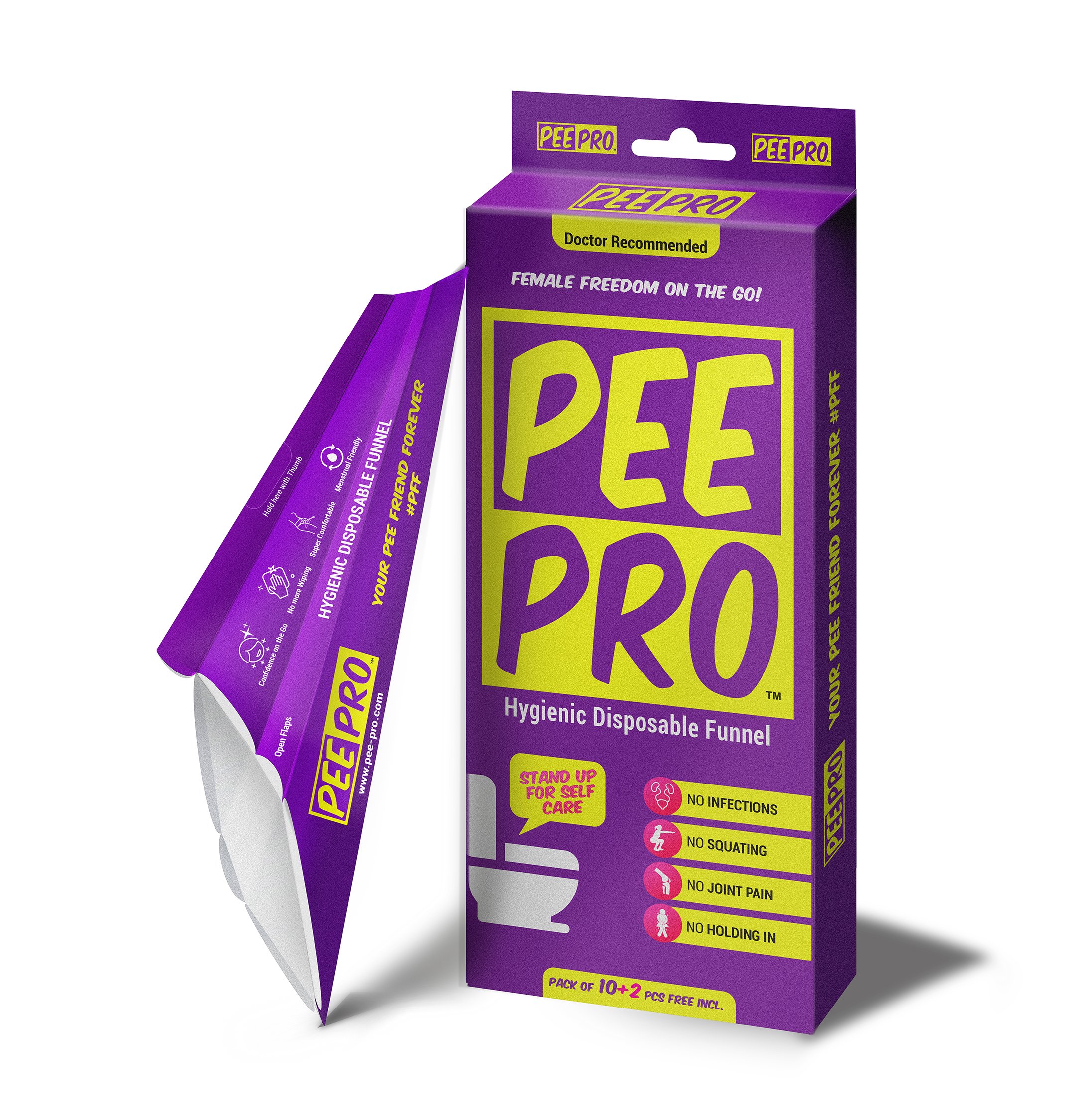 PeePro disposable sanitary urination funnel designed for women, showcasing its ergonomic shape and eco-friendly material.