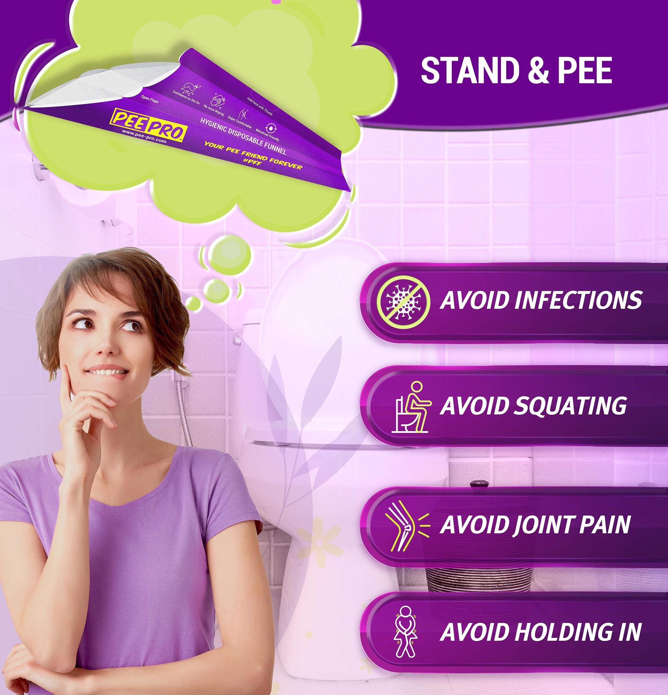 PeePro disposable sanitary urination funnel designed for women, showcasing its ergonomic shape and eco-friendly material.