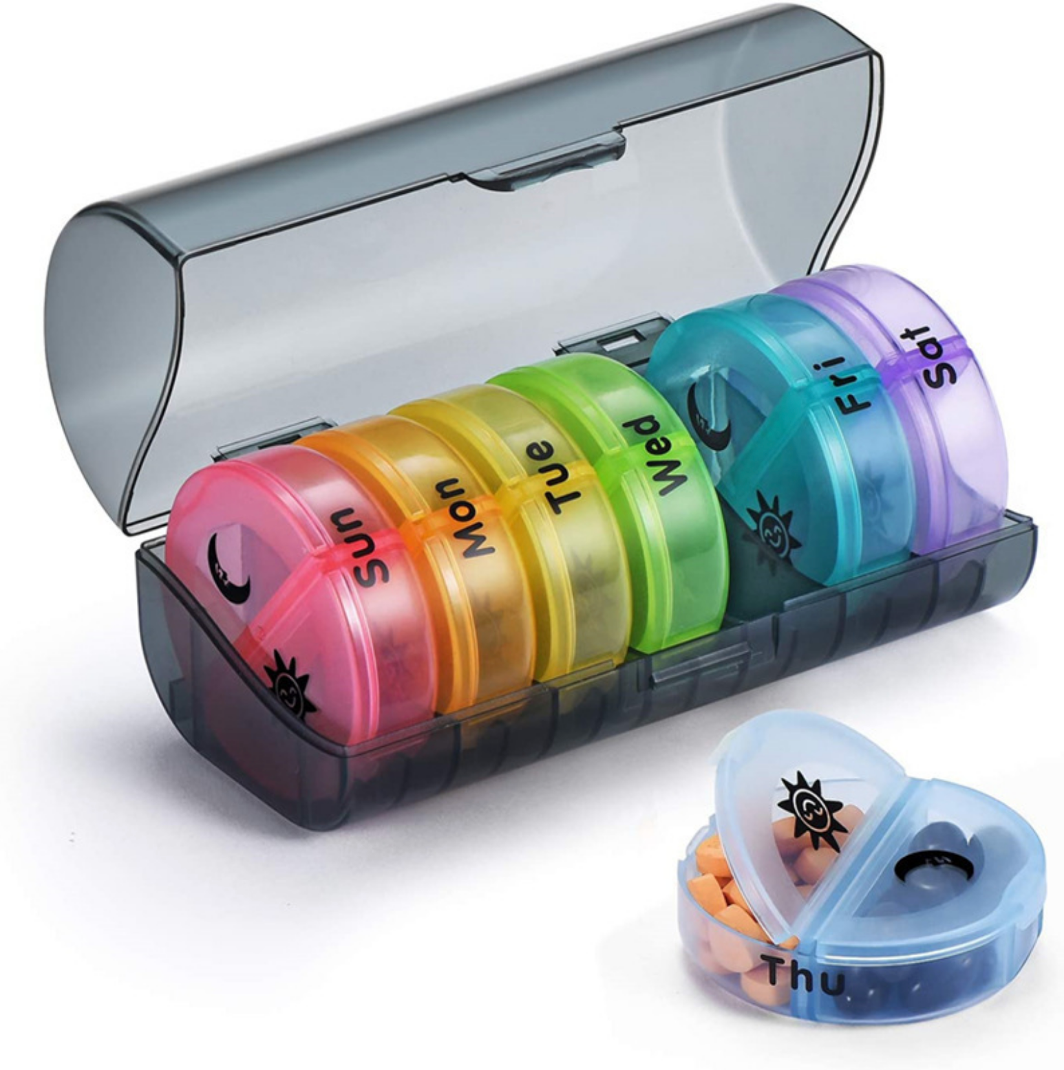 Colorful Seven-day Rainbow Pill Box with 28 compartments for organized medicine storage, featuring independent grids and a durable design.