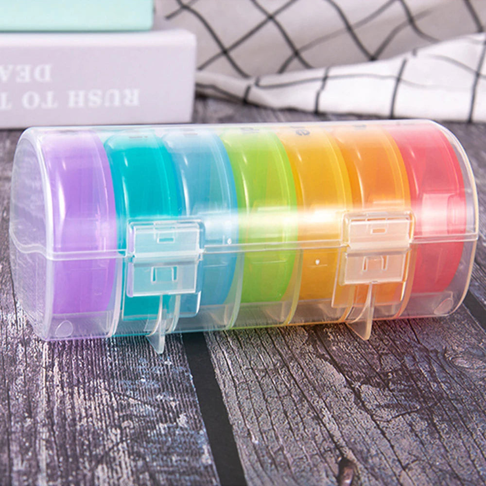 Colorful Seven-day Rainbow Pill Box with 28 compartments for organized medicine storage, featuring independent grids and a durable design.