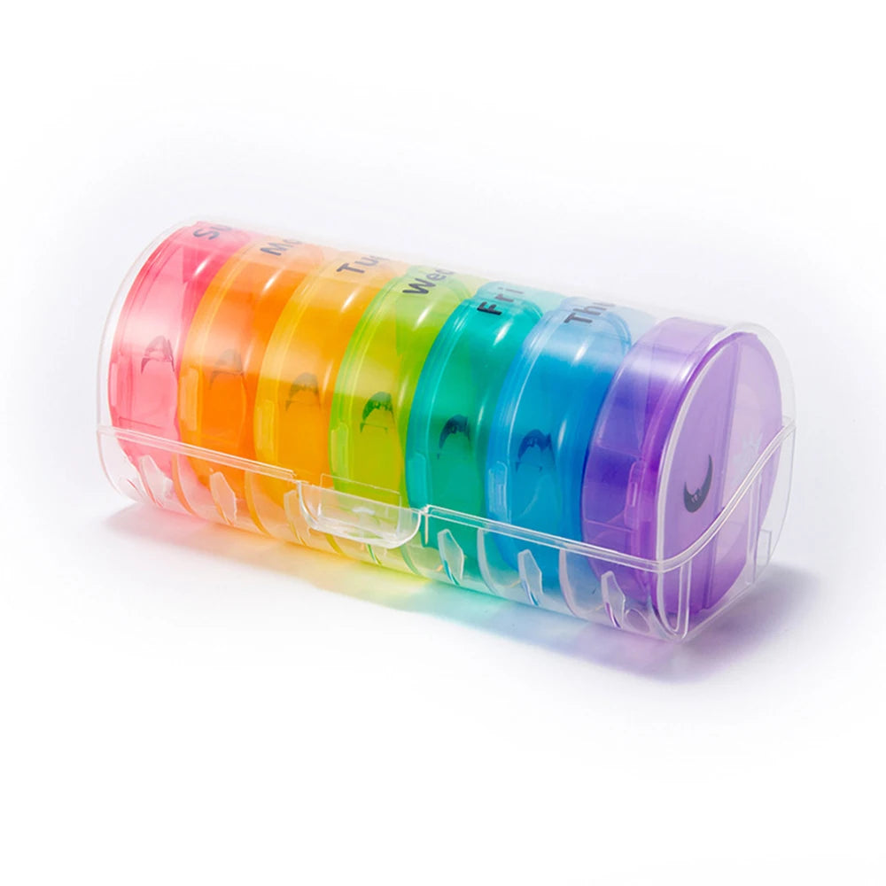 Colorful Seven-day Rainbow Pill Box with 28 compartments for organized medicine storage, featuring independent grids and a durable design.