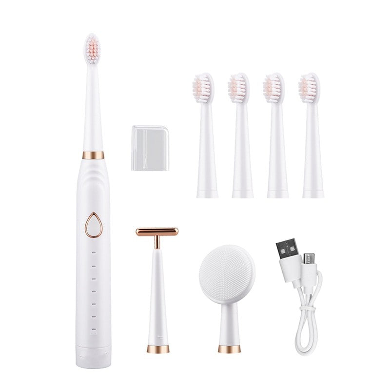 Portable 3 in 1 Smart Electric Toothbrush with four brush heads and a beauty bar, showcasing its sleek design and multifunctional features.