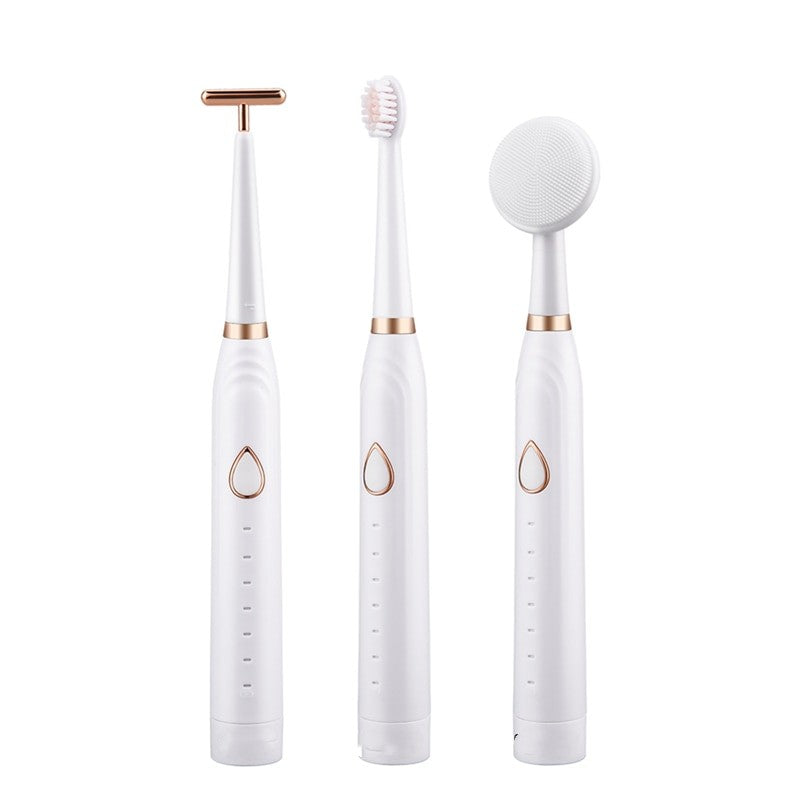 Portable 3 in 1 Smart Electric Toothbrush with four brush heads and a beauty bar, showcasing its sleek design and multifunctional features.