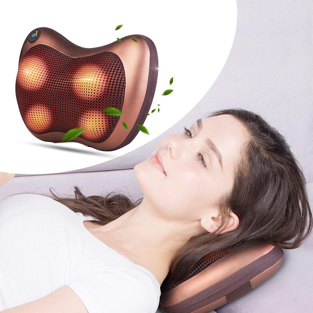 Portable 4 heads massage pillow in black, designed for neck and body relaxation with infrared warming technology.