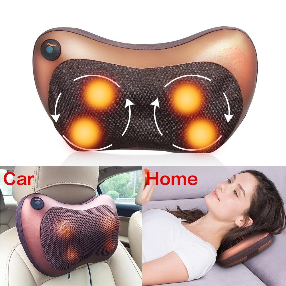 Portable 4 heads massage pillow in black, designed for neck and body relaxation with infrared warming technology.