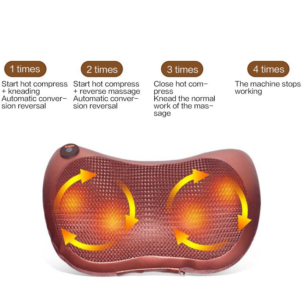 Portable 4 heads massage pillow in black, designed for neck and body relaxation with infrared warming technology.