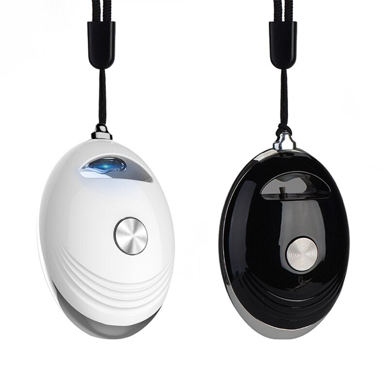 Portable Air Freshener Ionizer in white and black colors, featuring a compact necklace design for easy carrying and stylish use.