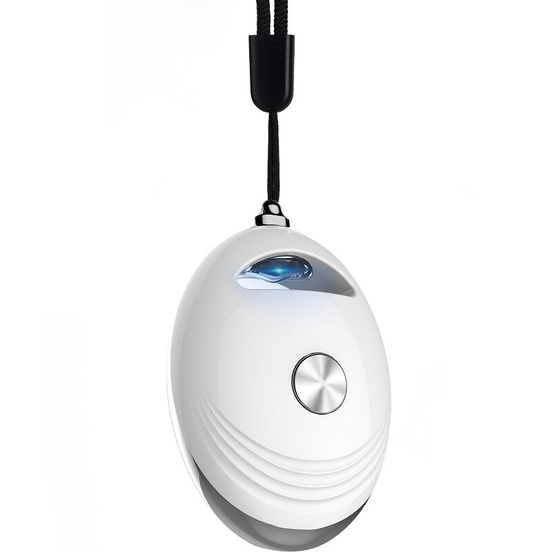 Portable Air Freshener Ionizer in white and black colors, featuring a compact necklace design for easy carrying and stylish use.